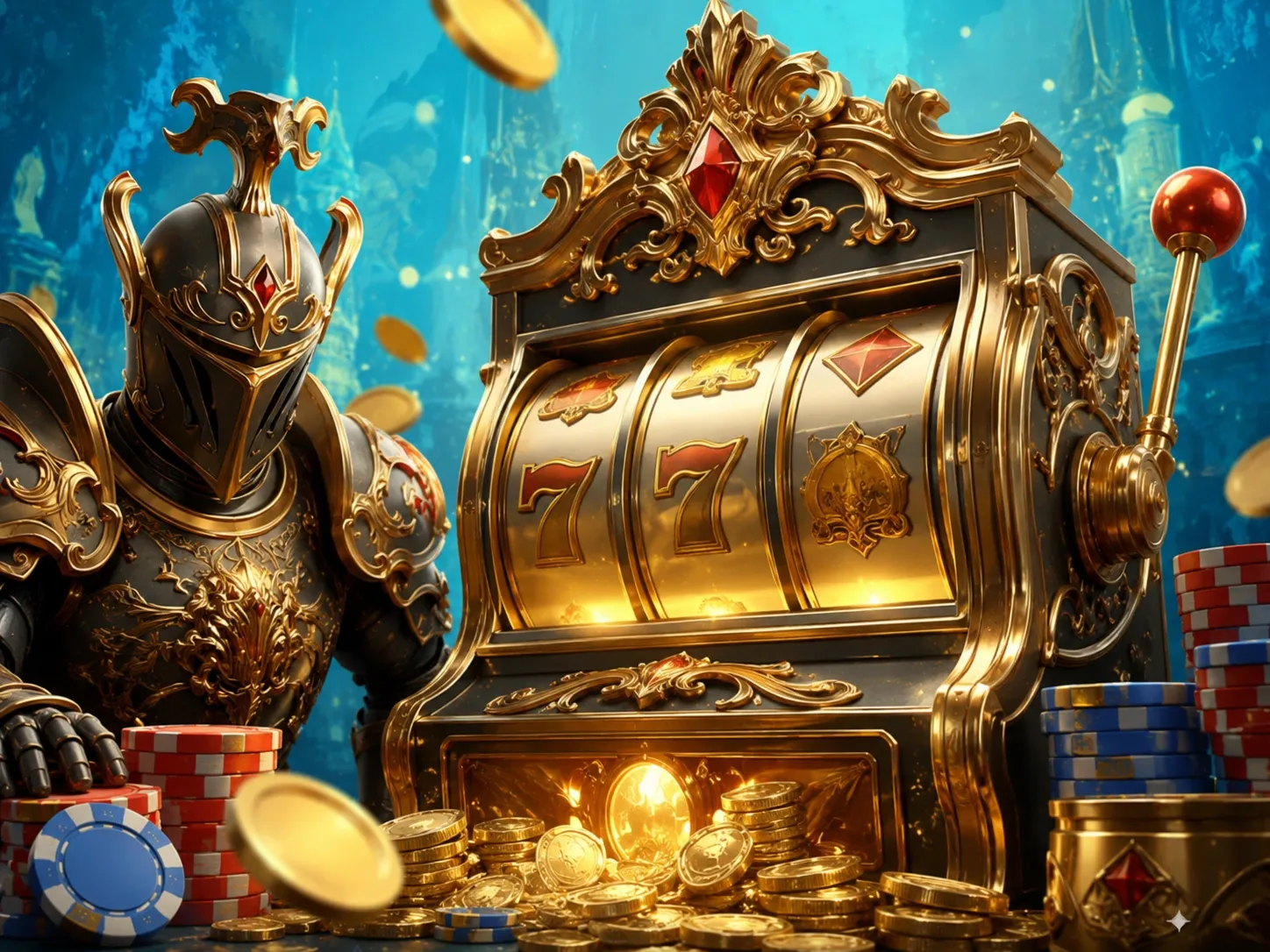 Golden knight guardian of the ornate slot machine