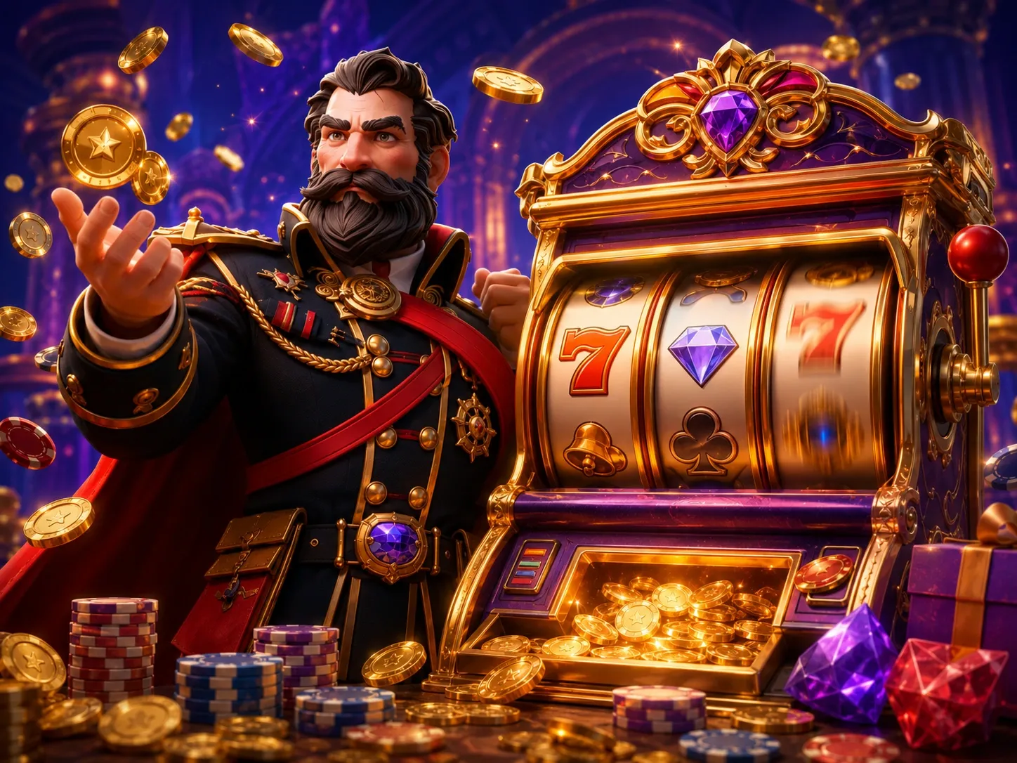 Royal casino slot machine with jackpot coins and gems